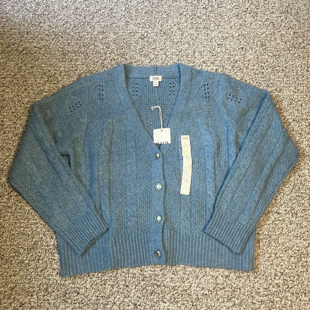 NWT A.N.A. Womens Light Blue Cardigan Sweater Size L Cable Knit Soft Cozy Winter